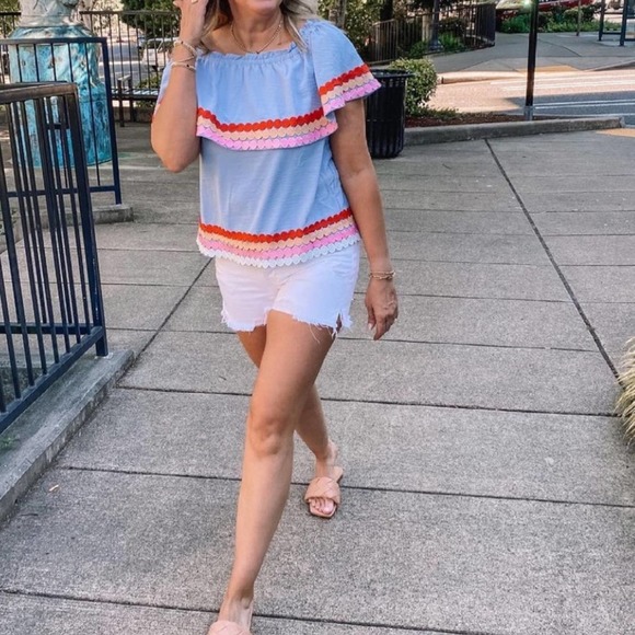 Entro Light Blue Polka Dot Trim Off Shoulder Tiered Blouse Top Size Small - Picture 9 of 9